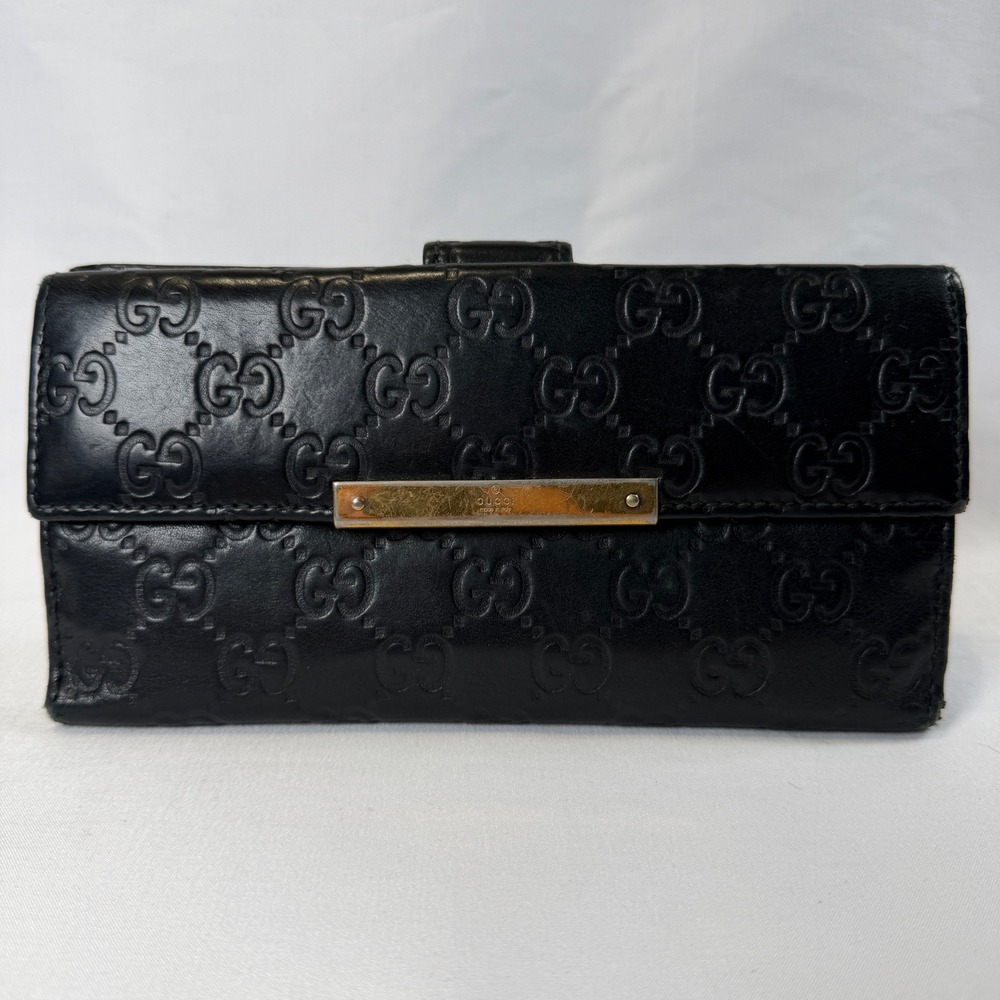Gucci Guccissima Continental Wallet Womens OS Black Leather Bifold Gold Plate
